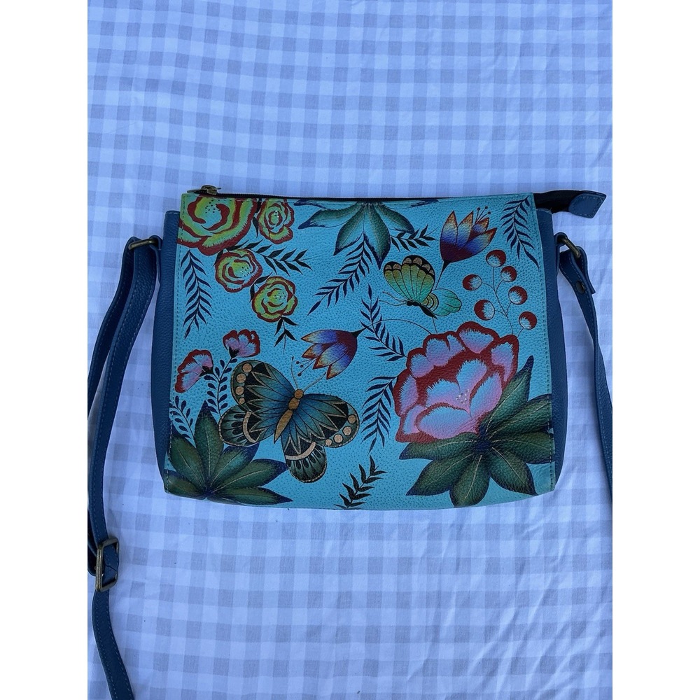 Anna Anuschka Hand Painted Leather Crossbody Bag Butterfly Garden Floral - Picture 9 of 11